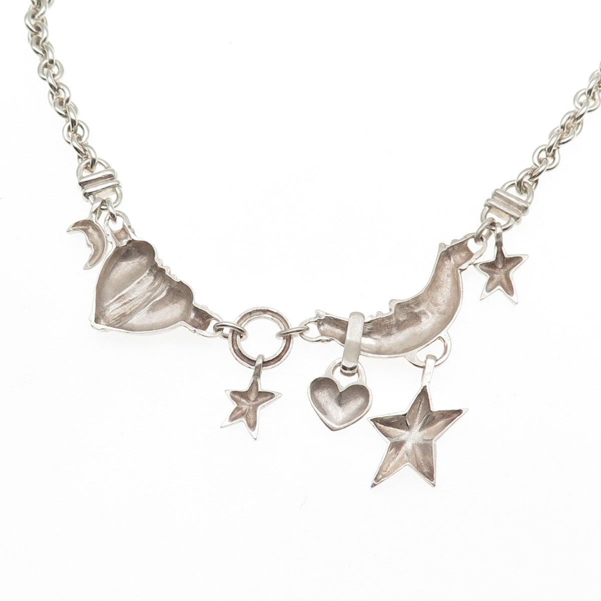 925 Sterling Silver Vintage Crescent Heart & Star Cable Chain Necklace 14"
