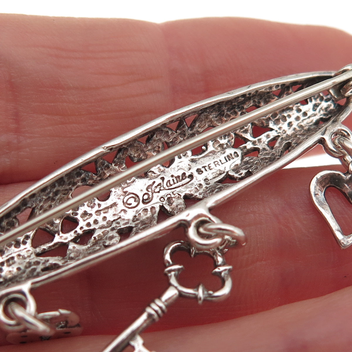 Jezlaine Sterling Silver Vintage Heart Lock Key Dangle Charm Floral Pin Brooch
