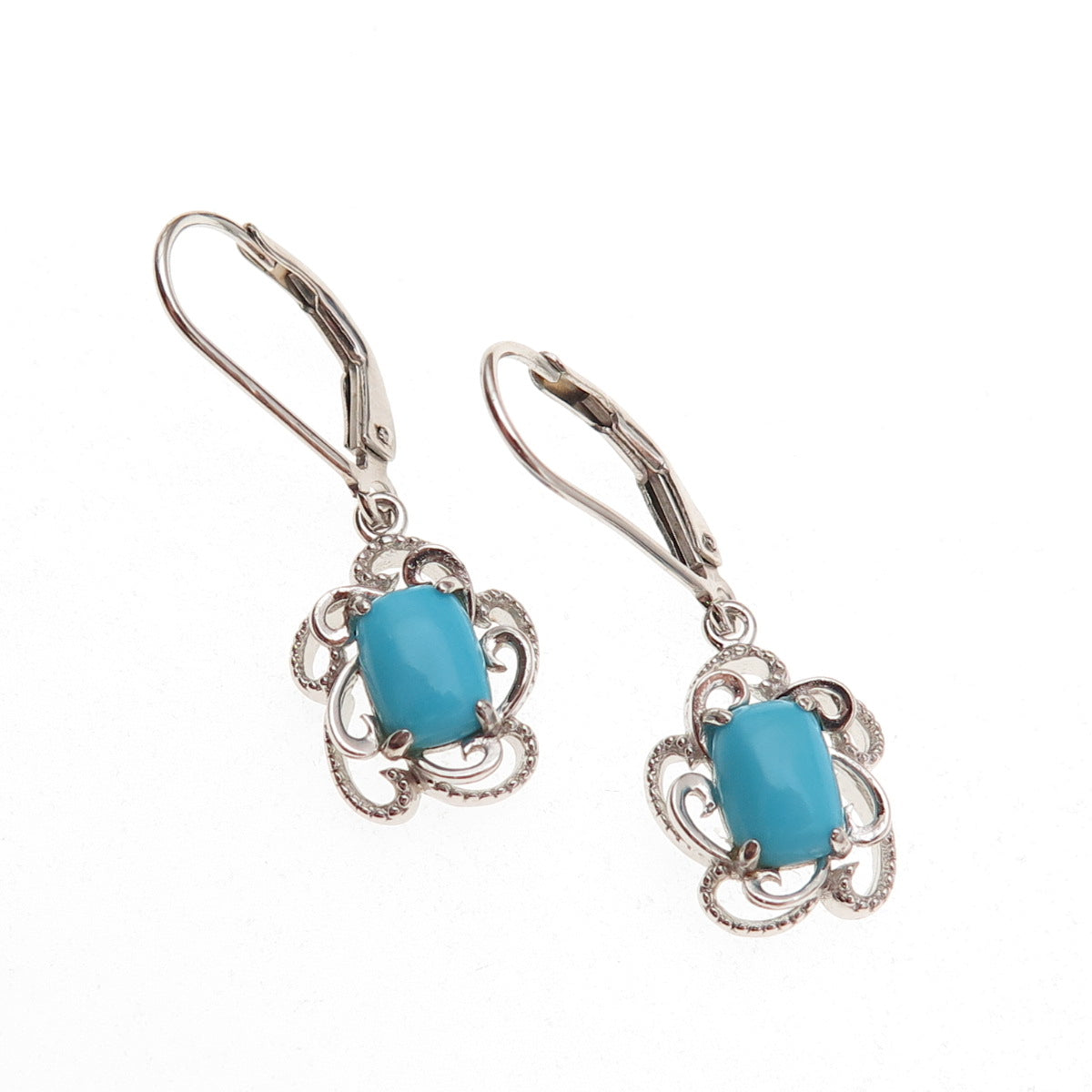 925 Sterling Silver Real Sleeping Beauty Turquoise Floral Dangle Earrings