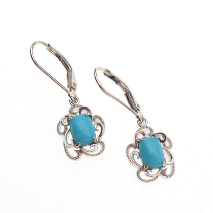 925 Sterling Silver Real Sleeping Beauty Turquoise Floral Dangle Earrings