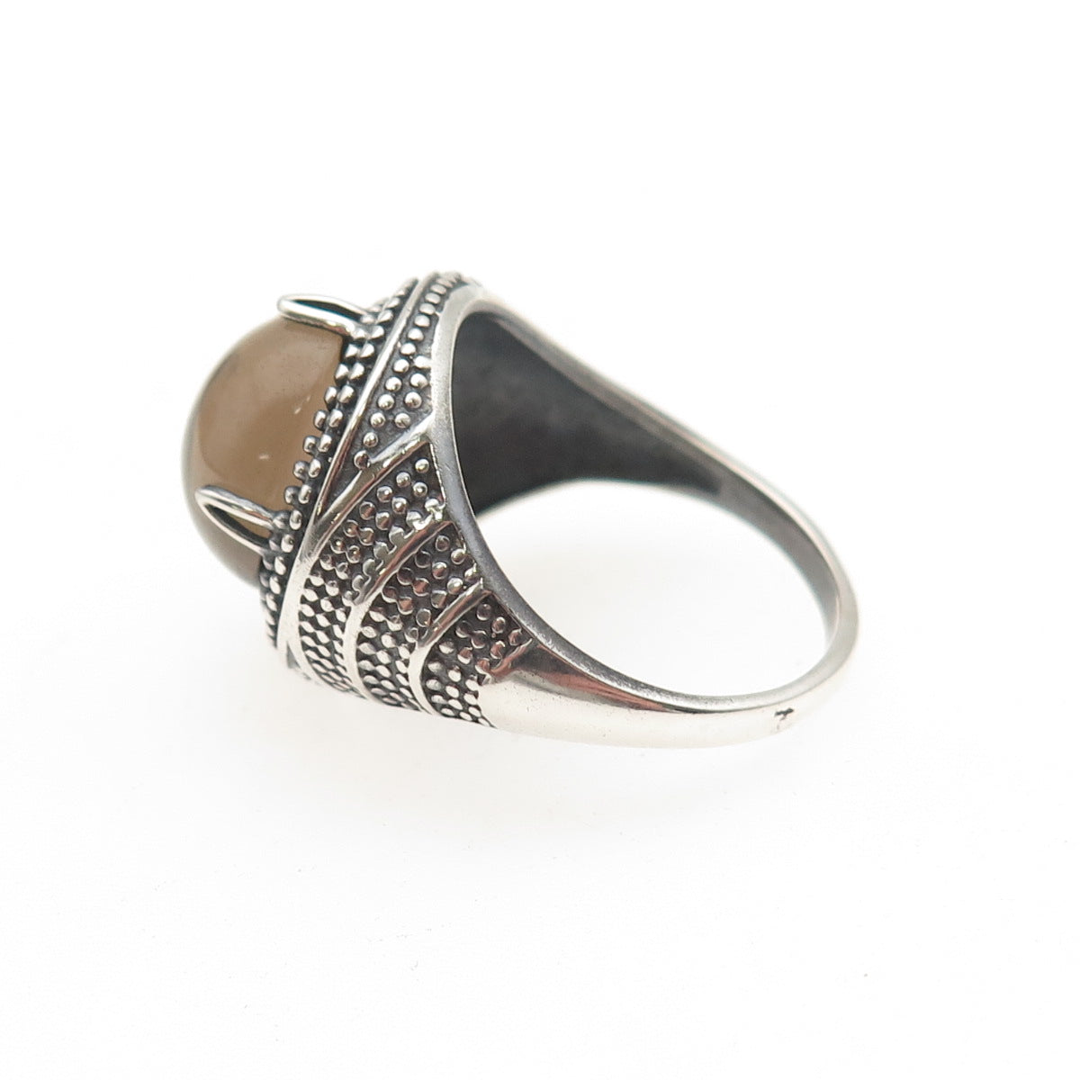 925 Sterling Silver Vintage Real Smoky Quartz Oxidized Dotted Ring Size 9