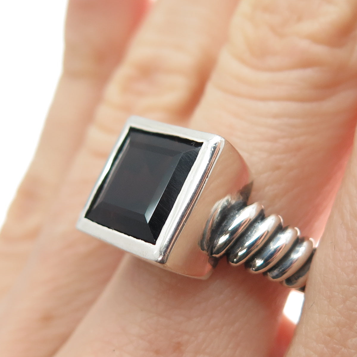 925 Sterling Silver Vintage Real Asscher-Cut Smoky Quartz Oxidized Ring Size 8.5