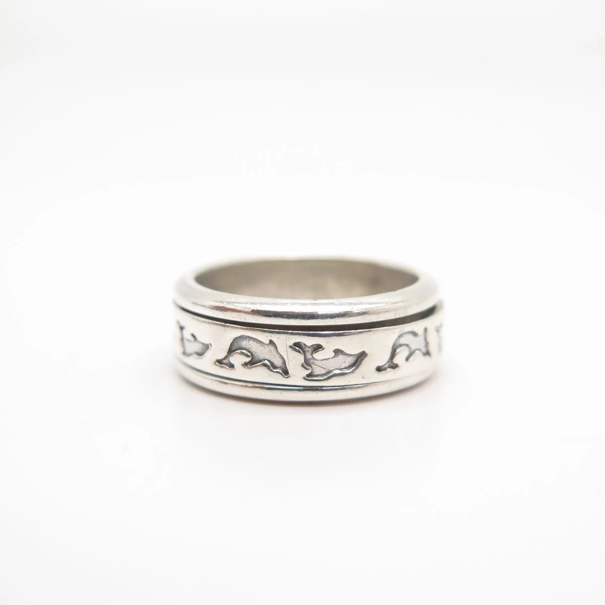 925 Sterling Silver Vintage Friendly Dolphin Rotating Band Ring Size 7 3/4