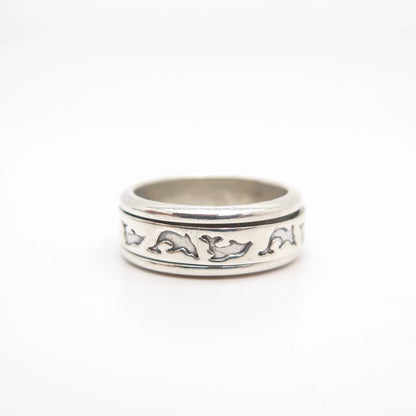 925 Sterling Silver Vintage Friendly Dolphin Rotating Band Ring Size 7 3/4