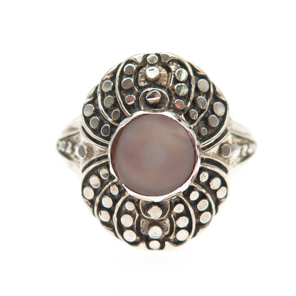 Silver Cloud 925 Sterling Vintage Real MOP Dotted Oxidized Ring Size 7.25