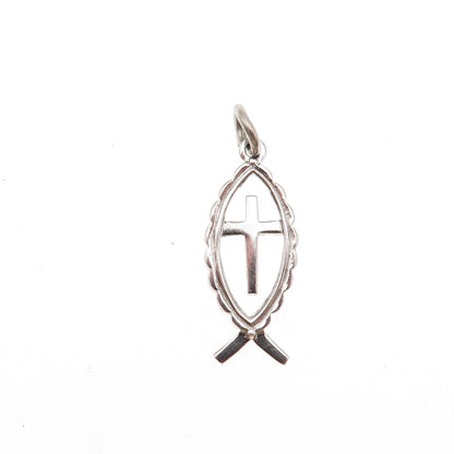 THEDA 925 Sterling Silver Vintage Ichthys Cross Religious Mini Charm Pendant