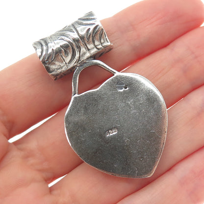 925 Sterling Silver Vintage Modernist Ornate Heart Oxidized Slide Pendant