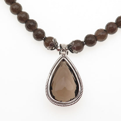 925 Sterling Silver Vintage Real Smoky Quartz Ball Beaded Necklace 16-18"