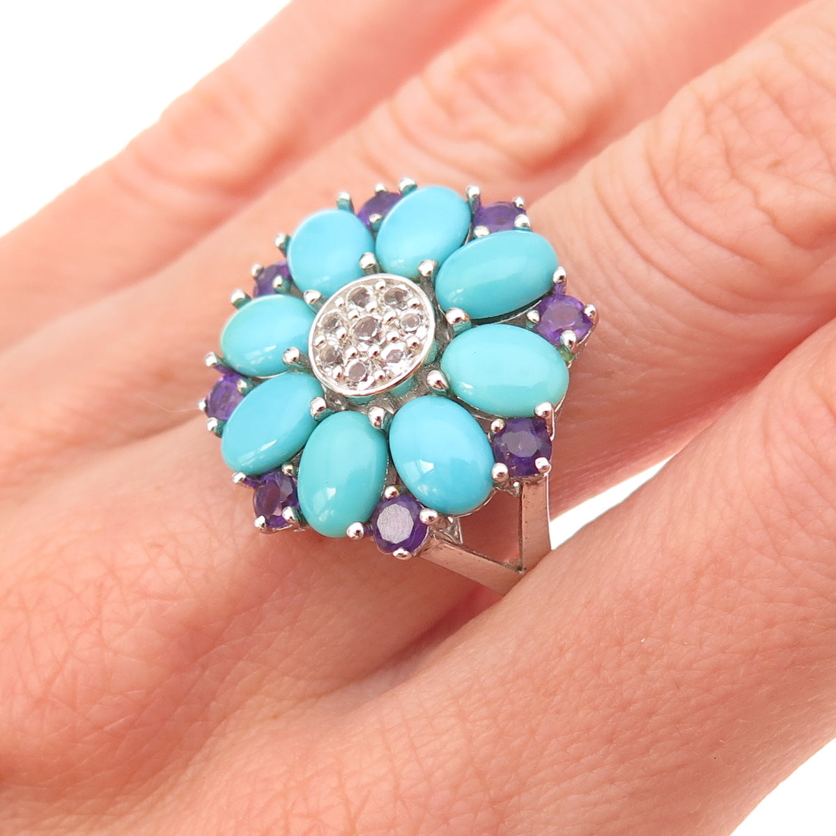 925 Sterling Silver Real Sleeping Beauty Turquoise Amethyst Topaz Ring Size 8.25