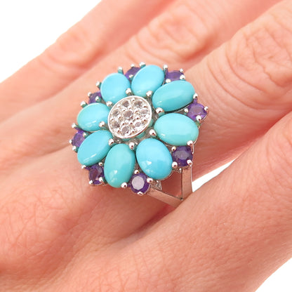 925 Sterling Silver Real Sleeping Beauty Turquoise Amethyst Topaz Ring Size 8.25