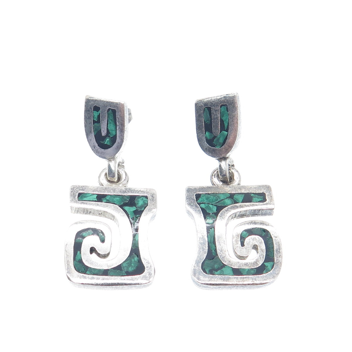 925 Sterling Silver Vintage Mexico Real Malachite Inlay Tribal Spiral Earrings