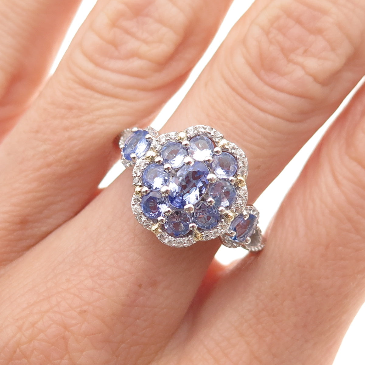 Chuck Clemency 925 Sterling Silver 2-Tone Real Tanzanite White Topaz Ring Size 8