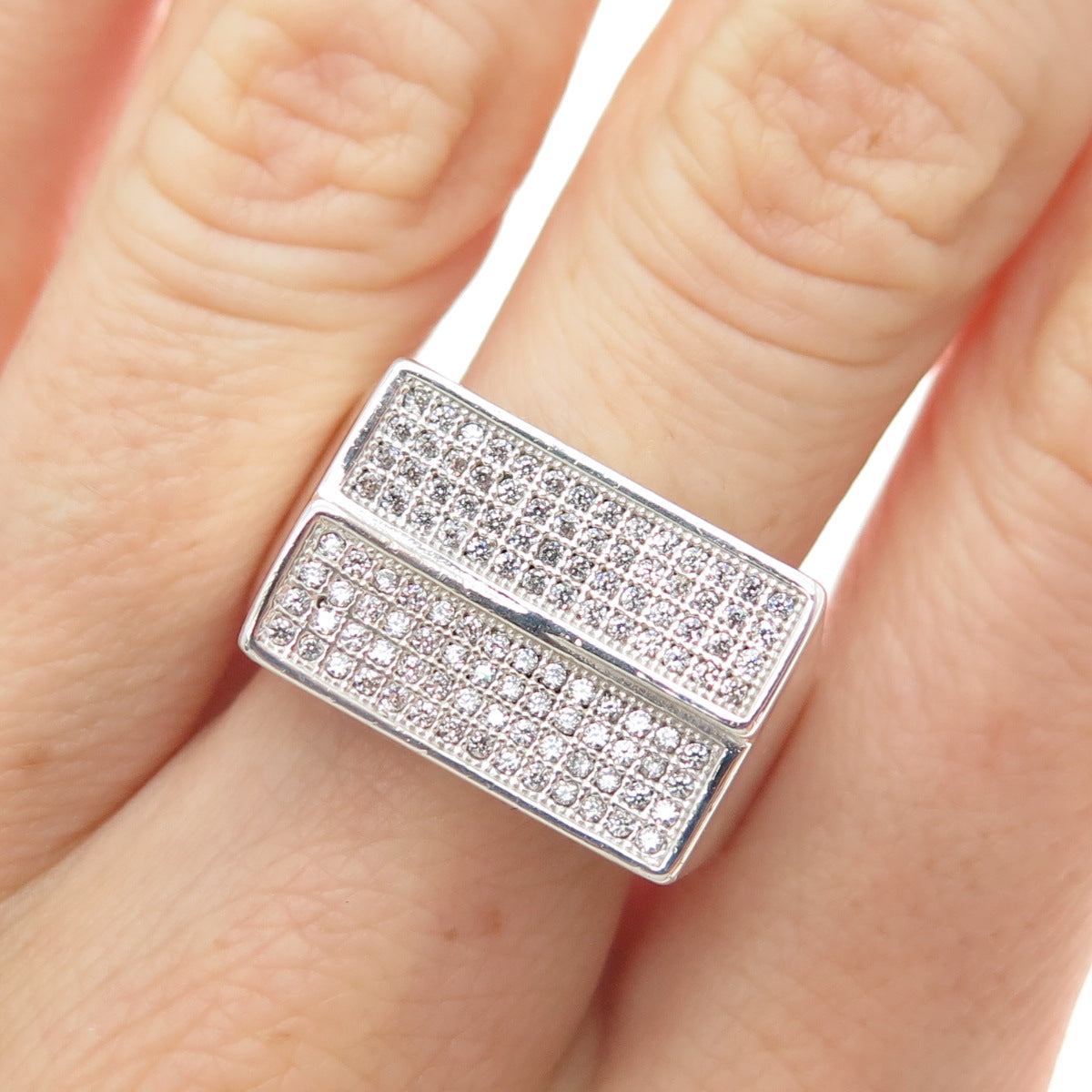 925 Sterling Silver Round-Cut C Z Sparkle Two-Bar Ring Size 10.25