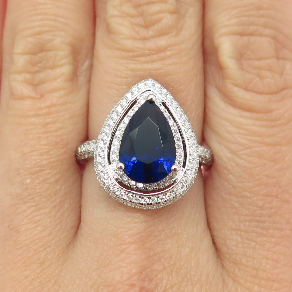 925 Sterling Silver Pear & Round-Cut Blue White C Z Ring Size 8