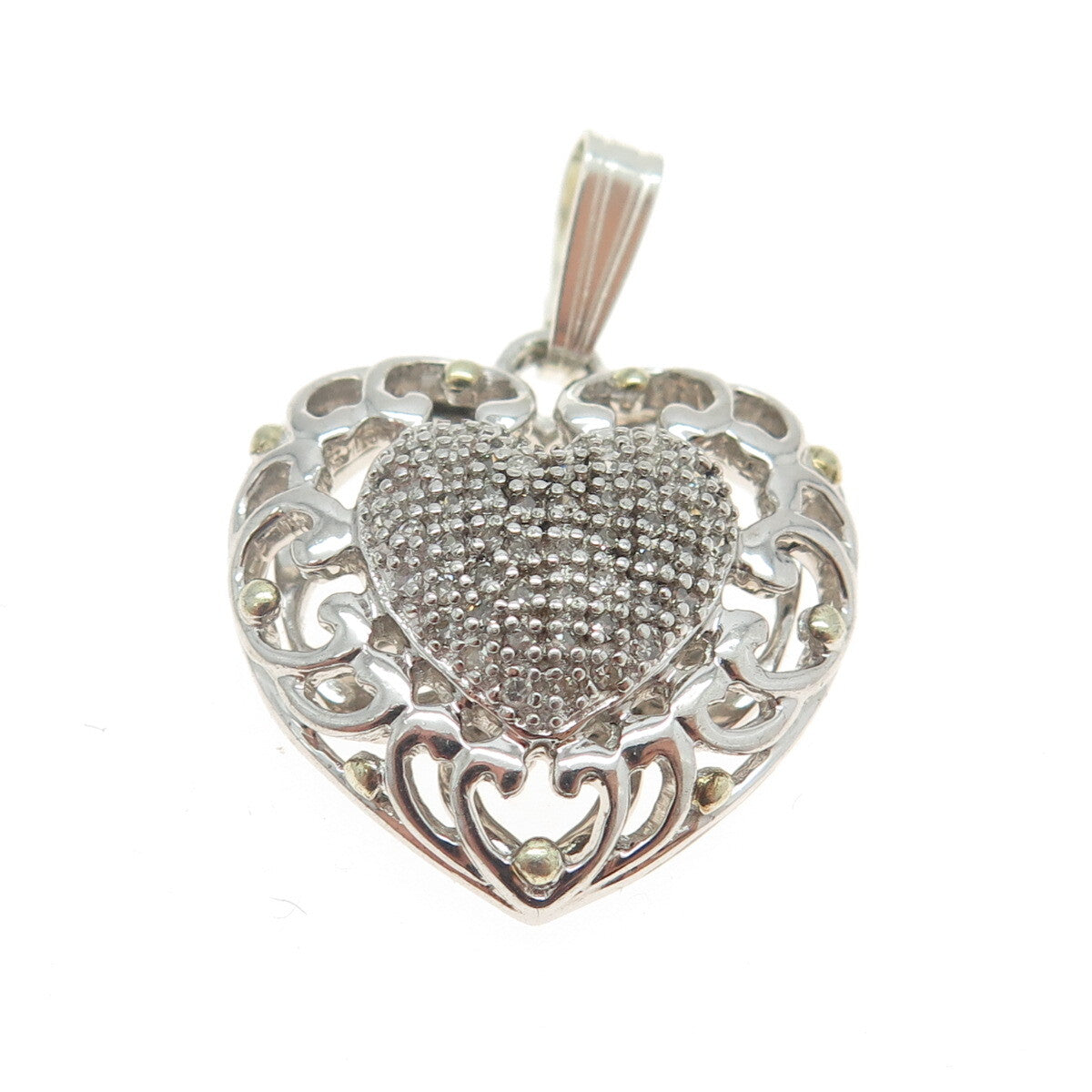 925 Sterling Silver Real Round-Cut Diamond Ornate Heart Pendant