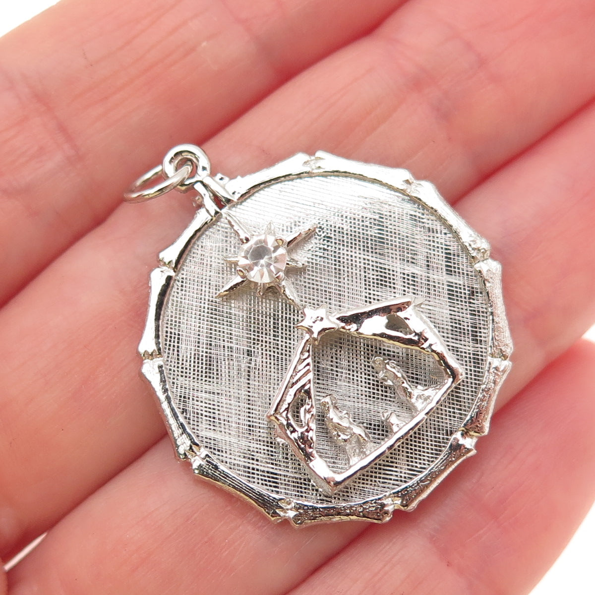 925 Sterling Silver Vintage Rhinestone Nativity Scene Christmas Charm Pendant