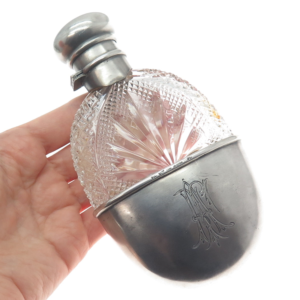 DEPOSE 84 Silver Crystal Antique Victorian Belgium Russian Empire Monogram Flask