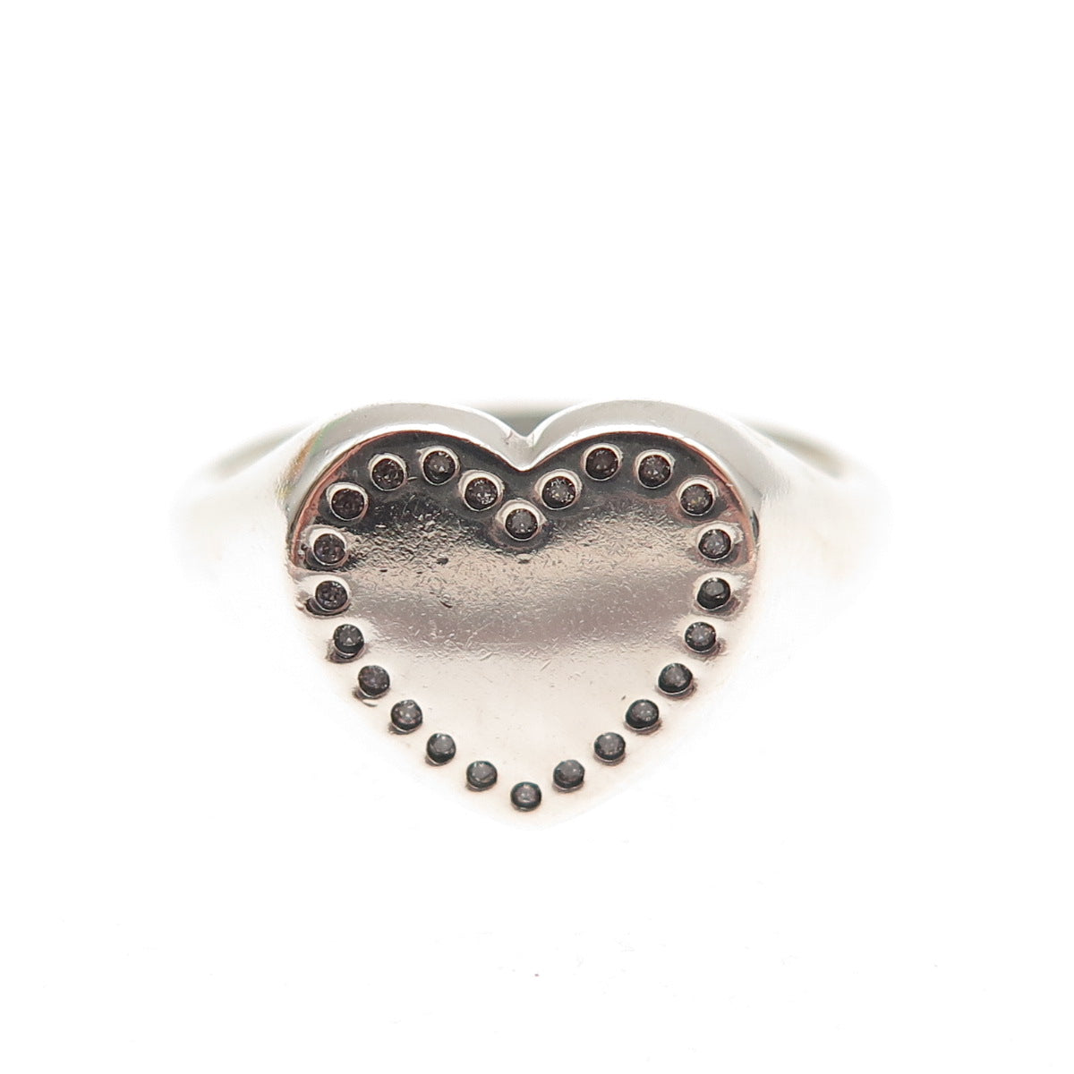 Pandora 925 Sterling Silver Round-Cut C Z Heart Signet Ring Size 7
