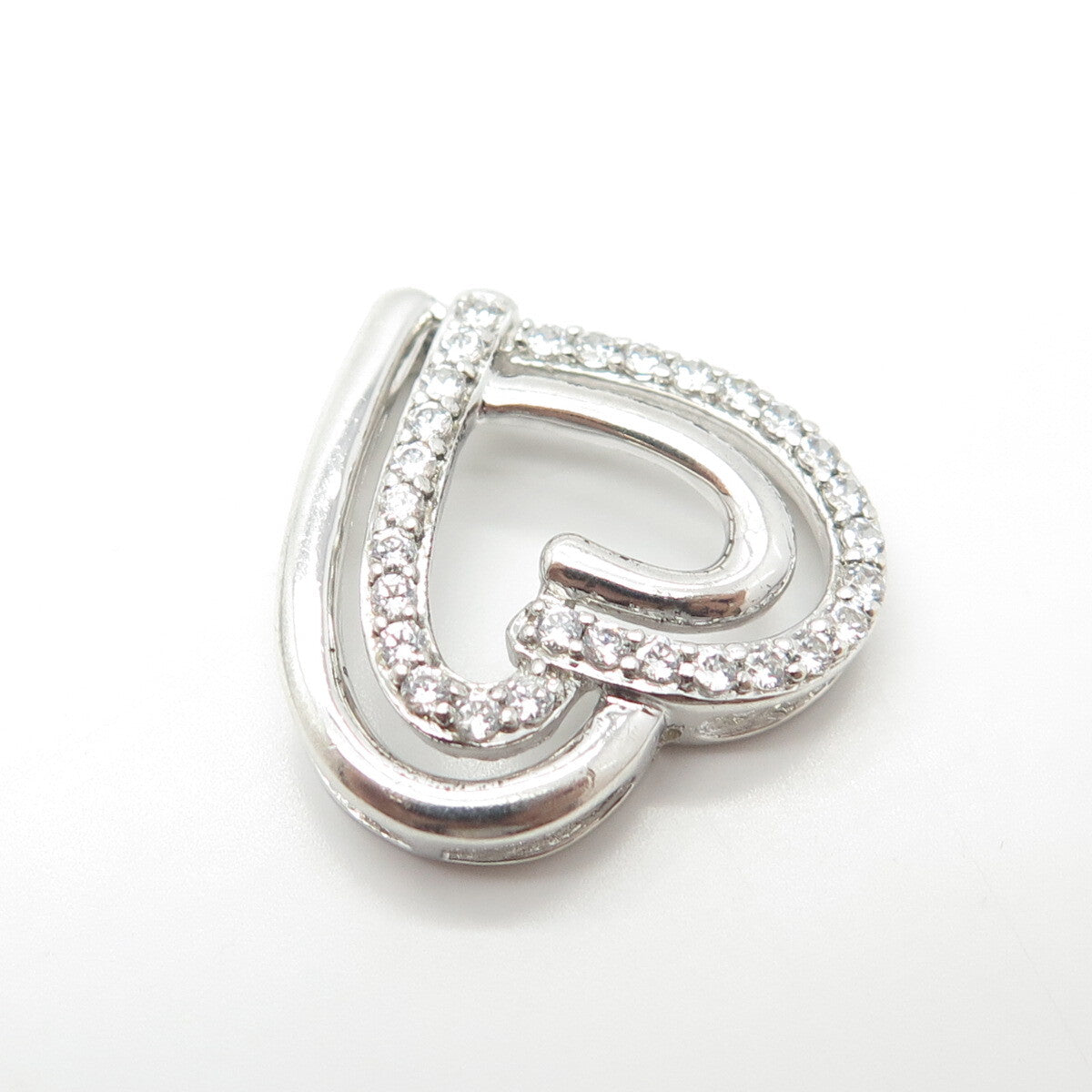 925 Sterling Silver Pave C Z Double Open Heart Slide Pendant