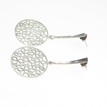 925 Sterling Silver Vintage Flower Disc Dangle Earrings