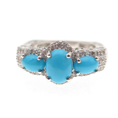 D'Joy 925 Sterling Silver Real Sleeping Beaty Turquoise White Topaz Ring Size 8