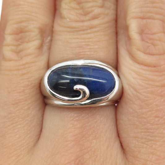 925 Sterling Silver Vintage Real Lapis Lazuli Modernist Ring Size 7