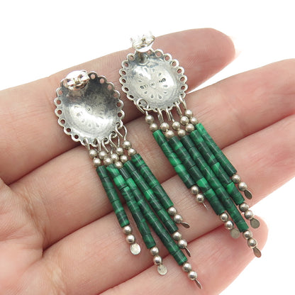 925 Sterling Silver Vintage Real Malachite Gemstone Tribal Dangling Earrings