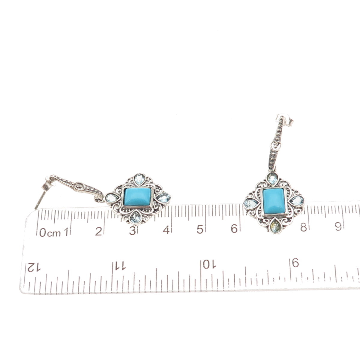925 Sterling Silver Vintage Real Turquoise & Blue Topaz Dangle Earrings