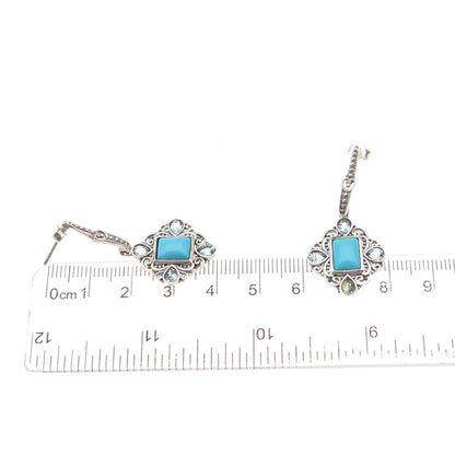 925 Sterling Silver Vintage Real Turquoise & Blue Topaz Dangle Earrings
