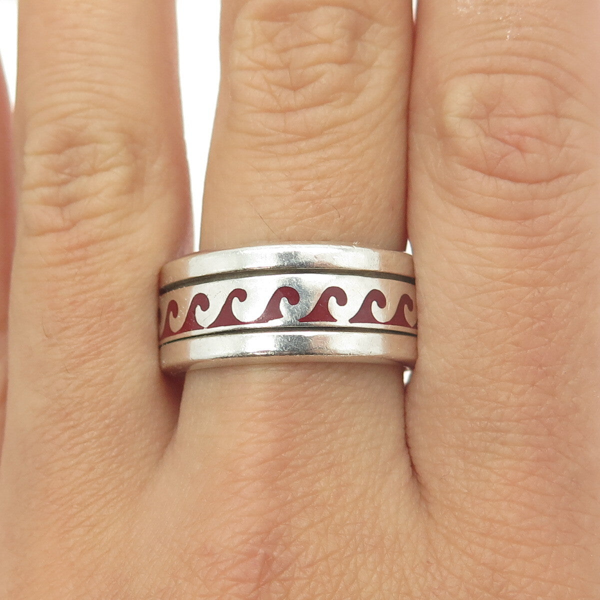 925 Sterling Silver Vintage Mexico Enamel Water Pattern Band Ring Size 10.5