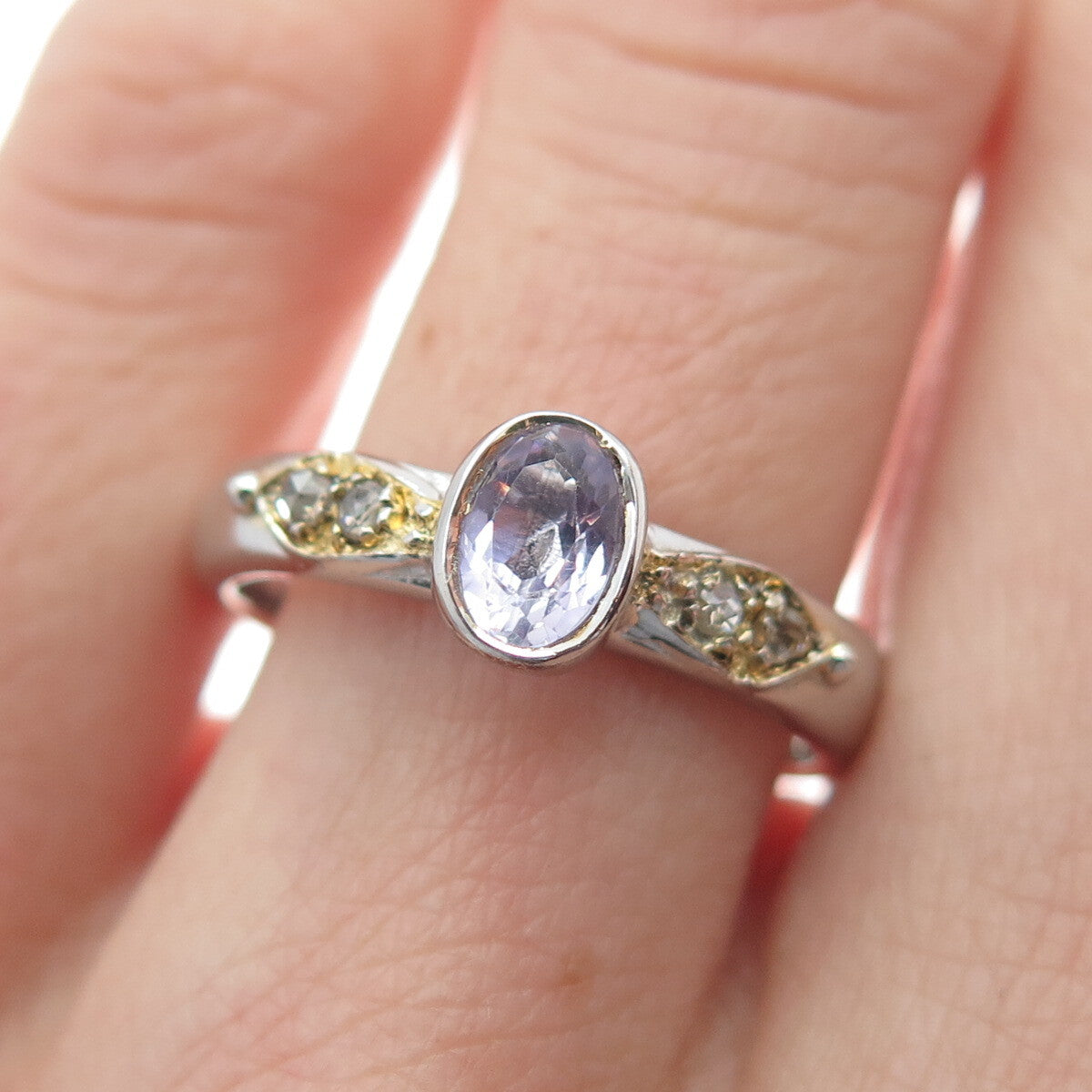 925 Sterling Silver 2-Tone Real Round-Cut Diamond & Purple Topaz Ring Size 8
