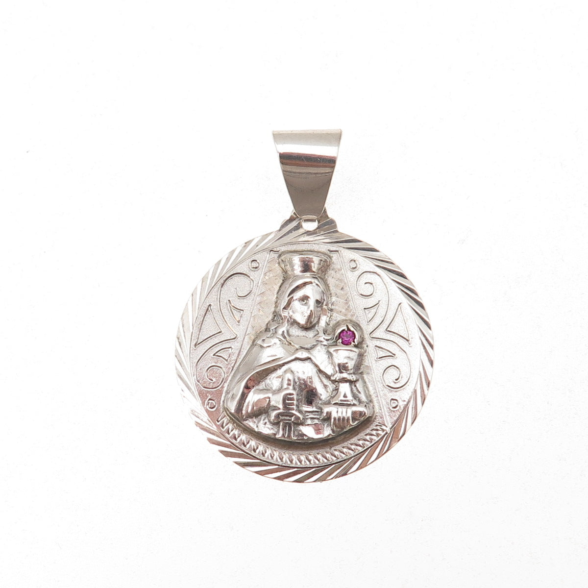 925 Sterling Silver Vintage Real Ruby St. Barbara Religious Medal Charm Pendant