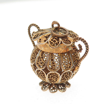 833 Silver Gold Plated Antique Art Deco Portugal Filigree Pot 3D Charm Pendant