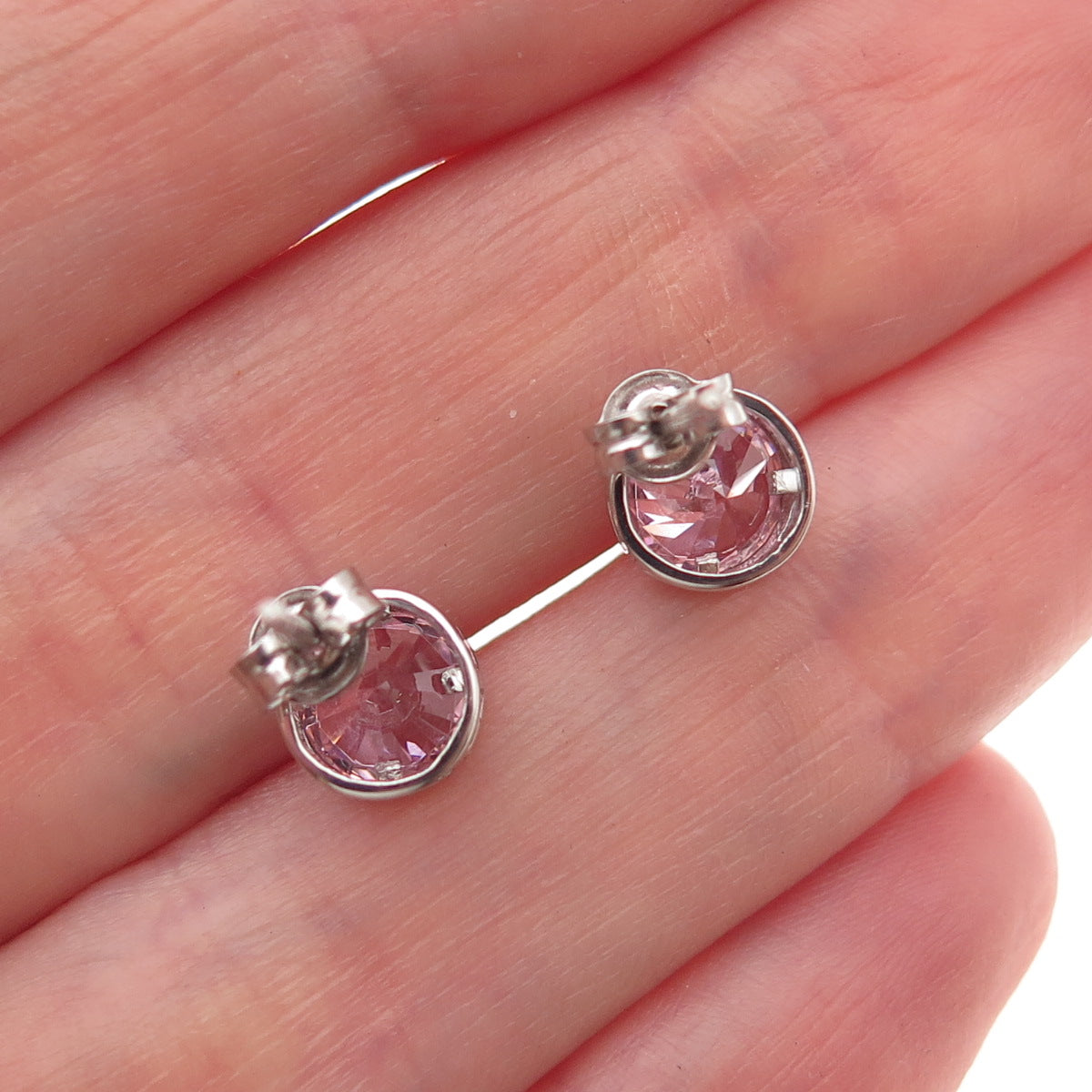 925 Sterling Silver Round-Cut Pink C Z Stud Earrings