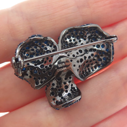 DSMK 925 Sterling Silver 2-Tone Black Rhodium Blue & White C Z Flower Pin Brooch