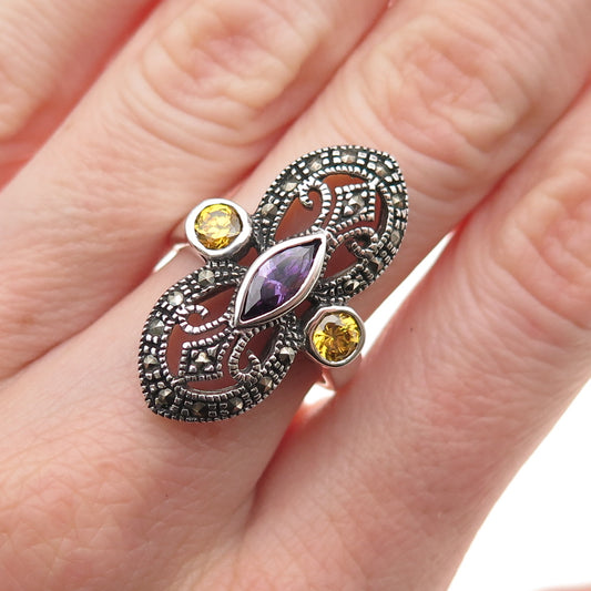 925 Sterling Silver Vintage Real Amethyst Marcasite & Canary C Z Ring Size 6.5