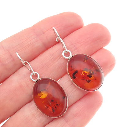925 Sterling Silver Vintage Real Amber Dangle Earrings