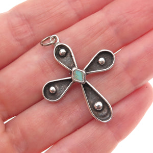 Old Pawn 925 Sterling Silver Vintage Turquoise Cross Oxidized Charm Pendant