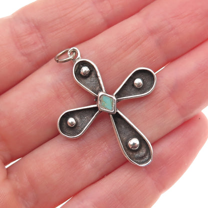 Old Pawn 925 Sterling Silver Vintage Turquoise Cross Oxidized Charm Pendant