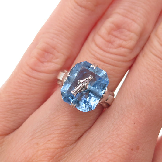 925 Sterling Silver Antique Art Deco Rhinestone St. Mary Miraculous Ring Size 5