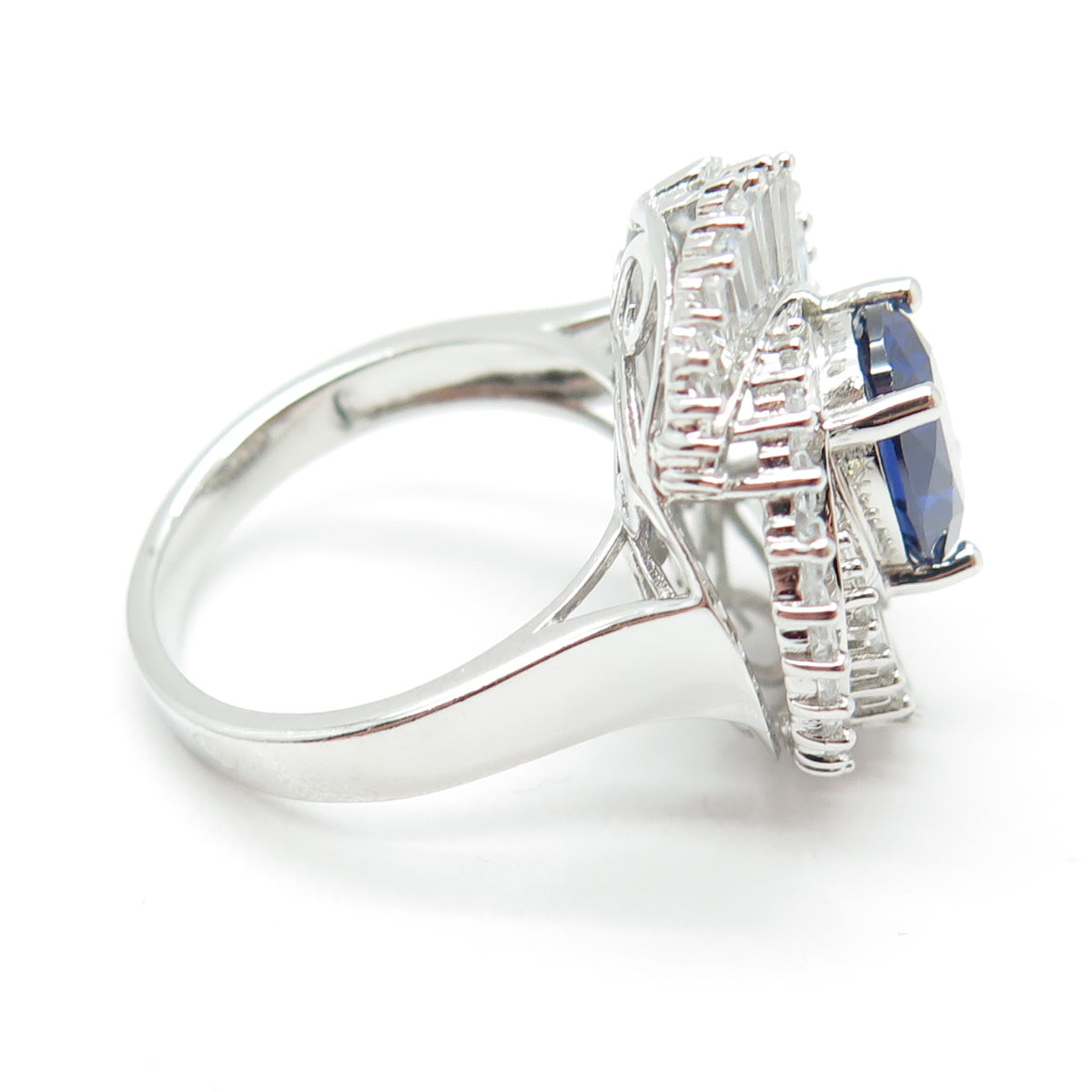 925 Sterling Silver Nano Sapphire Tapered Baguette-Cut Shaped C Z Ring Size 8.25