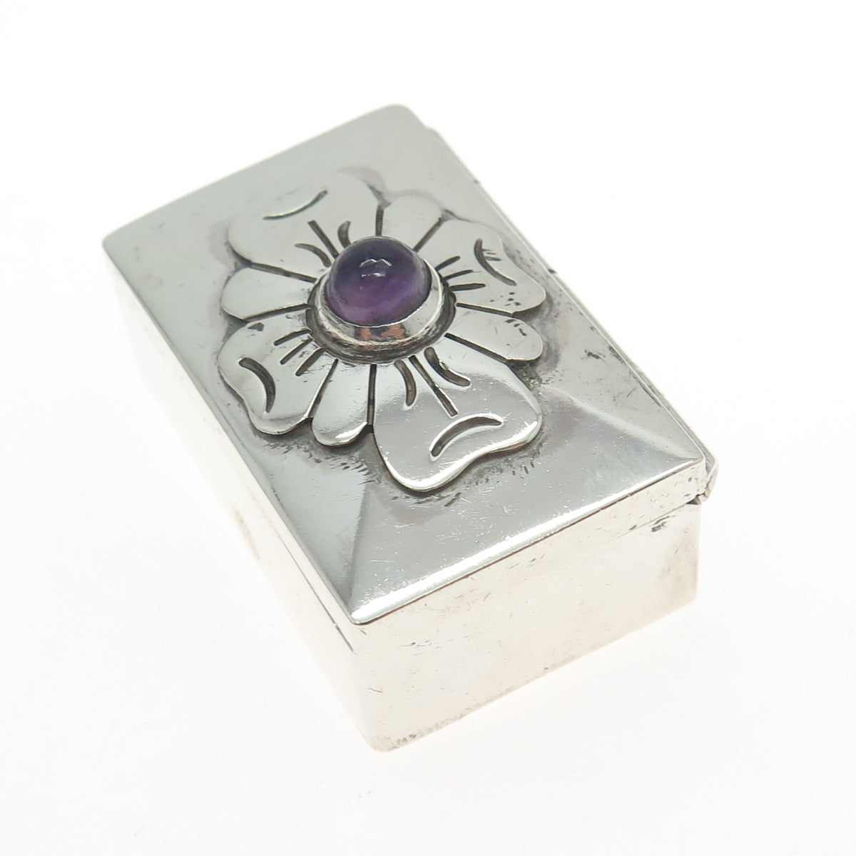 DAMASO GALLEGOS Sterling Silver Vintage Mexico Amethyst Flower Pill Snuff Box