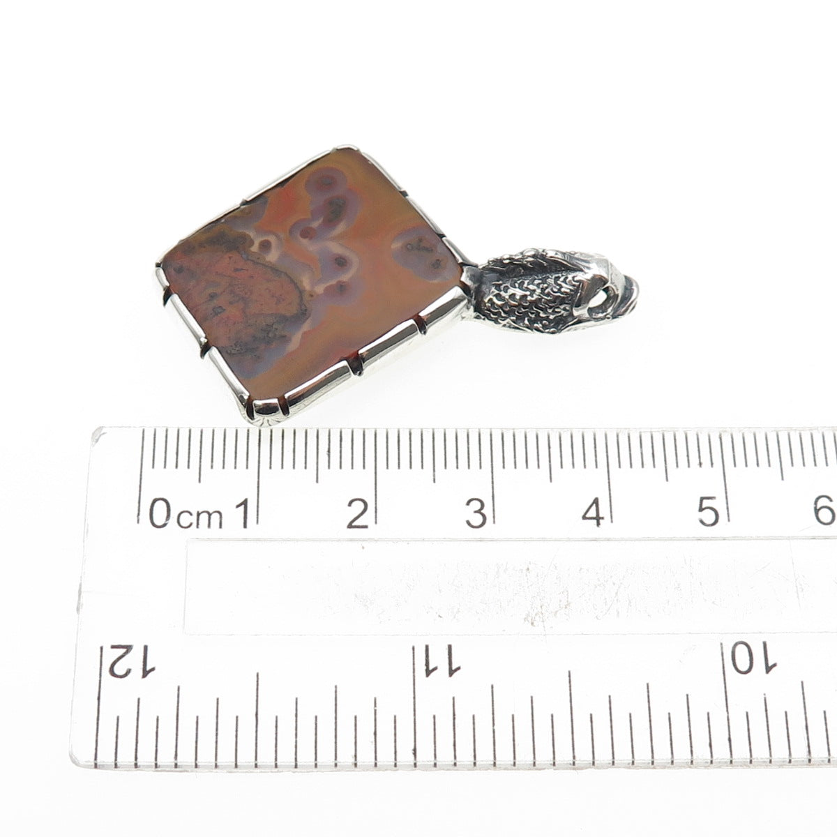 925 Sterling Silver Vintage Real Crazy Lace Agate Dragon Oxidized Slide Pendant