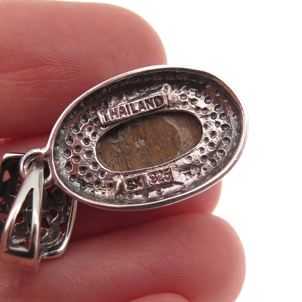 SX Sally C 925 Sterling Silver Vintage Real Tiger Eye Oxidized Charm Pendant