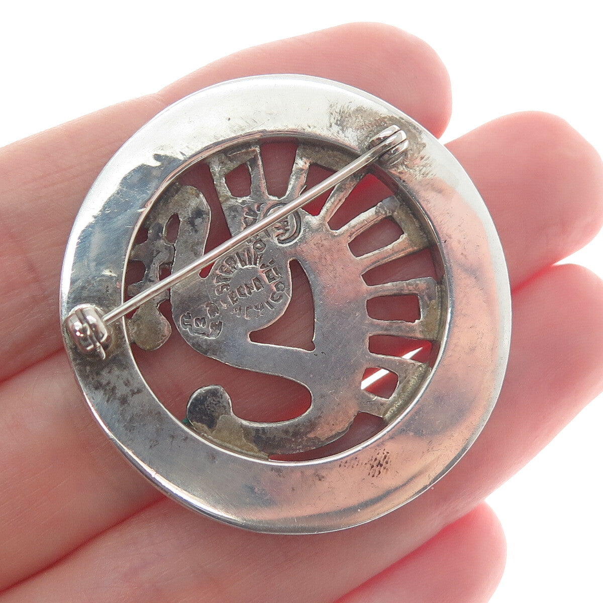 MIGUEL MELENDEZ Sterling Vintage Mexico Turquoise Mayan Symbol Tribal Brooch