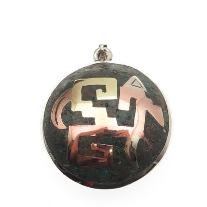 925 Sterling Silver 3-Tone Vintage Mexico Real Chrysocolla Aztec Warrior Pendant