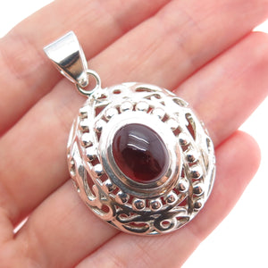 925 Sterling Silver Vintage Real Oval-Cut Red Garnet Beaded Charm Pendant