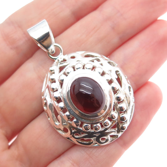925 Sterling Silver Vintage Real Oval-Cut Red Garnet Beaded Charm Pendant