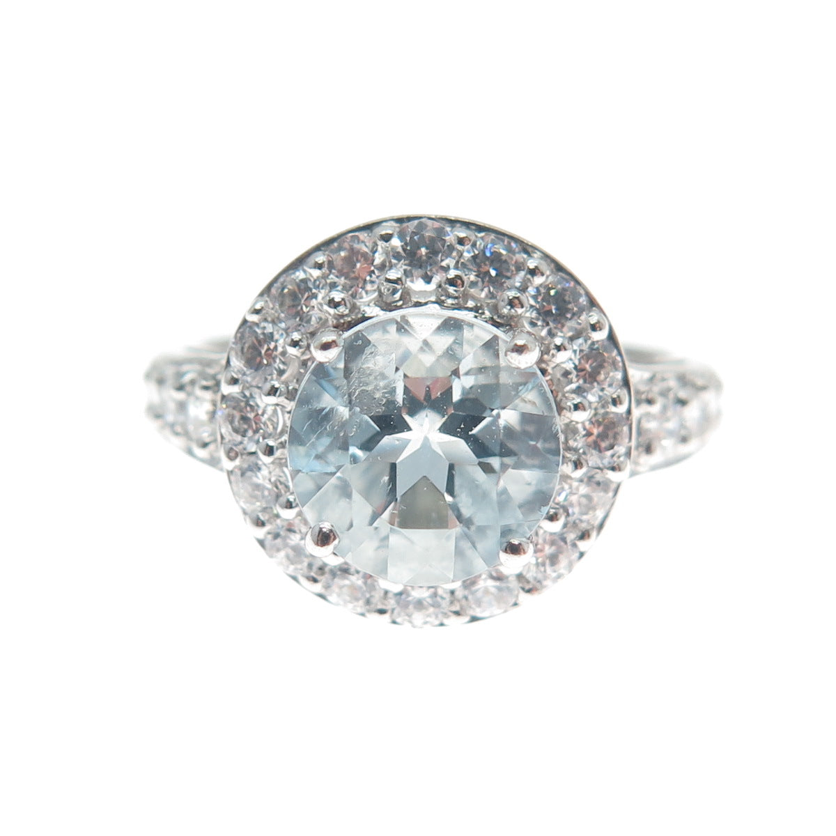 HENG NGAI 925 Sterling Silver Real Round-Cut Blue Topaz & C Z Ring Size 7.25