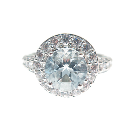HENG NGAI 925 Sterling Silver Real Round-Cut Blue Topaz & C Z Ring Size 7.25